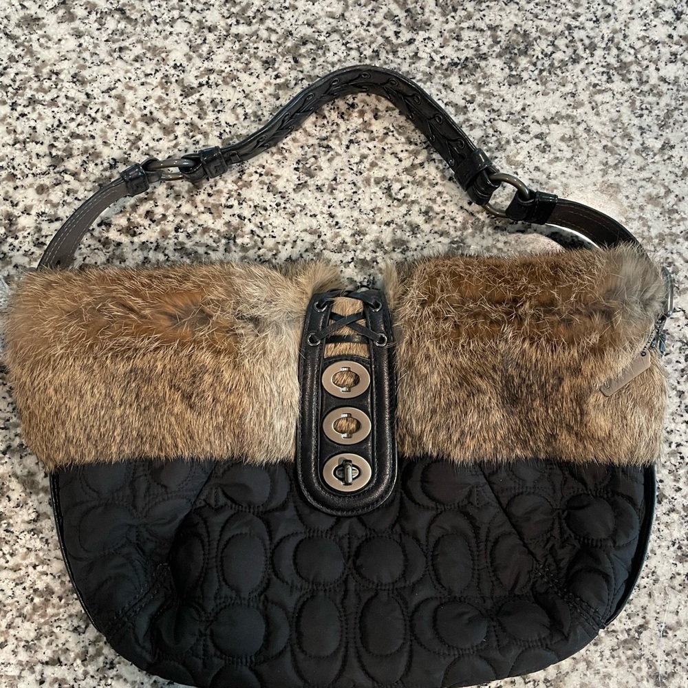 Coach Black and Tan Quilted Shoulder Bag - real fur